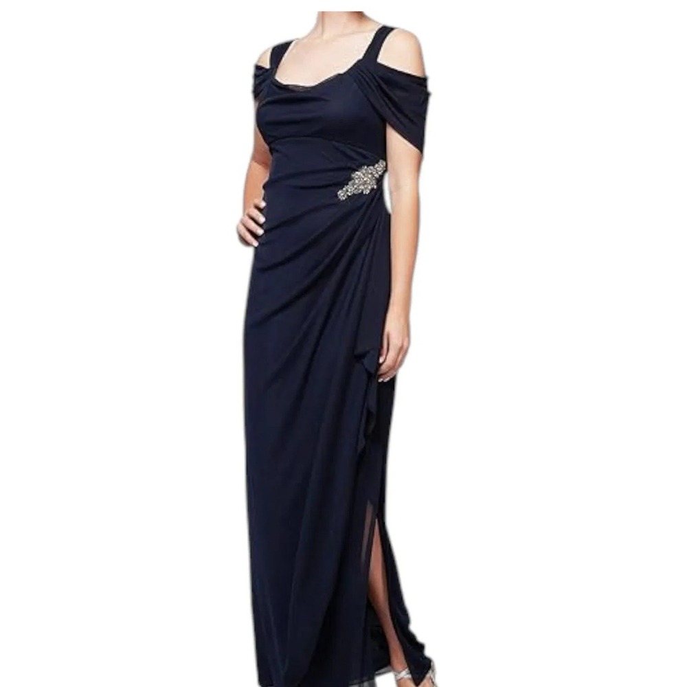 Alex Evenings Navy Blue Cold Shoulder Embellished Gown Dress 132902 Size 6 NWT